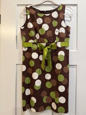 Women’s Brown Green & White Polka Dot Sleeveless Dress with Green Sash 10 P New